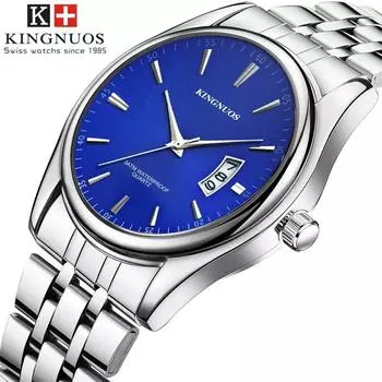 KINGNUOS мужские водонепроницаемые часы со стальным ремешком, немеханические кварцевые часы, часы с календарем
