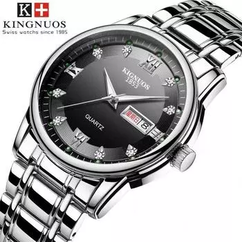 KINGNUOS новые модные мужские золотые часы со стальным ремешком и двойным календарем, водонепроницаемые часы со светящимися римскими цифрами и бриллиантами