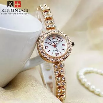 KINGNUOS Высококачественные модные женские часы с бриллиантовым браслетом Изысканные женские часы с римскими цифрами и браслетом