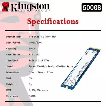 Kingston 1TB PCIe 4.0 M.2 2280 NVMe SSD Internal Hard Drive 500GB 2TB Up to 6000Mb/s PCIe 4.0 Gen 4x4 Original NV3 Solid State Drive Hard Disk SNV3S 500GB