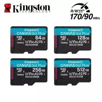 Kingston 64 ГБ, 170 МБ/с, microSDXC, 128 ГБ, 256 ГБ Canvas Go! Карта памяти microSDXC Plus класса 10 UHS-I U3 V30 A2 SDCG3/64 ГБ/128 ГБ/256 ГБ 128GB