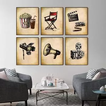 Кинотеатр Винтаж Искусство Холст Картина Настенная Картина Попкорн Фильм Хлопушка Прожектор Плакат Ретро Домашний Декор Кино Гостиная 21x30cm No Framed