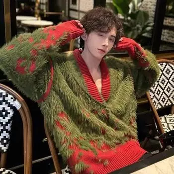 Кинтированный свитер из искусственного меха с v-образным вырезом, мужской зимний универсальный рождественский джемпер, цветной лоскутный свободный пуловер M