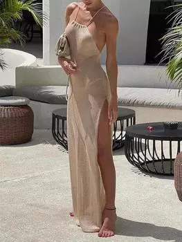 Kintted Cover Up Пляжное сексуальное прозрачное платье для женщин с открытыми плечами Макси с разрезом облегающее летнее платье Бикини Элегантный пляжный костюм с лямкой на шее S хаки