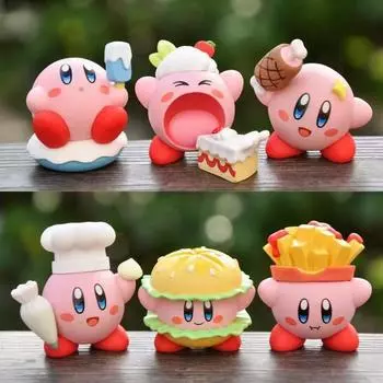 Kirby Cartoon Cute Burger French Fries Chef Style Food Series Model Ornament Set