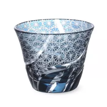 Kiriko Glass Cup Cold Tea 100cc Roughly Carved Fine Pattern Ink Blue Kasho J-kitchens 76xH60mm