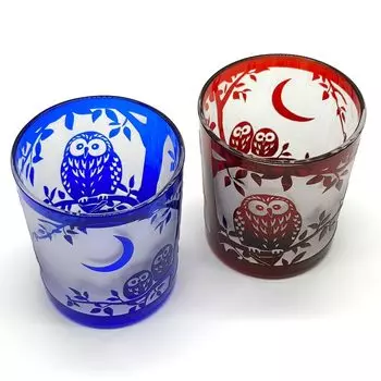 Kiriko Glass Owl Gift Box Glass Kiriko Tumbler Red Blue 2 Piece Set of 2 Traditional Craft Cup Dishwasher Safe Dishwasher Safe