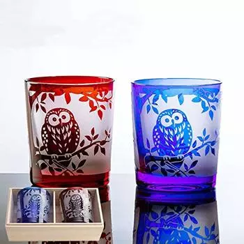Kiriko Glass Pair Set, Paulownia Box, Pair Glass, Owl, Lucky Charm, Stylish, Dishwasher Safe, Owl Present, Gift, Sake Cup, Kiriko Old Shochu Cup