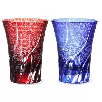 Kiriko Pair Glass Cup 230cc Roughly Carved Fine Pattern Red Blue Kasho J-kitchens 8.411cm &