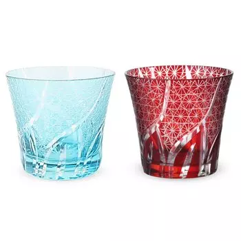 Kiriko Pair Glass Cup 240cc Roughly Carved Small Pattern Aqua Red Bottom Engraving Hanasho J-kitchens 94xH85mm &