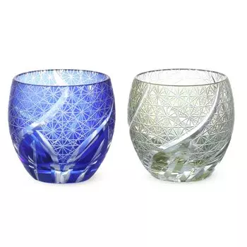 Kiriko Pair Glass Cup Japanese Sake Ochoco 100cc Ranbori Komon Blue Green Bottom Engraving No760296 J-kitchens Egg-shaped 5.55.9cm &