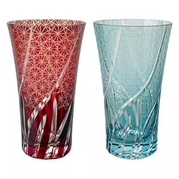 Kiriko Pair Whiskey Glass Cup Long 400cc Roughly Carved Small Pattern Sky Blue Red No759658 J-kitchens 8.614.8cm &