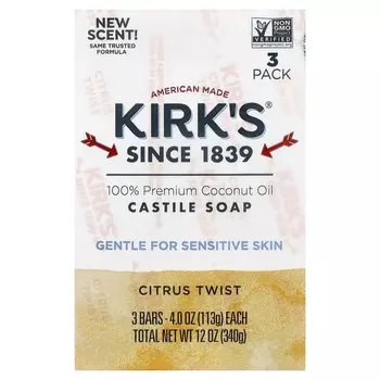 Kirk S, 100% Premium Coconut Oil Castile Bar Soap, Citrus Twist, 3 Bars, 113G (4Oz) Each