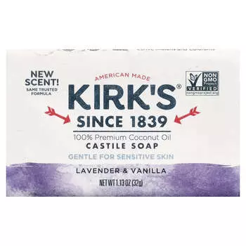 Kirk s 100% Premium Coconut Oil Castile Bar Soap, Lavender and Vanilla, 32g (1.13oz)
