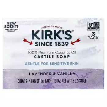 Kirk s 100% Premium Coconut Oil Castile Bar Soap, Lavender and Vanilla, 3 Bars, 4 oz (113 g) Each
