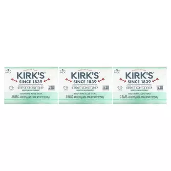 Kirk s, 100% высококачественное кокосовое масло, нежное кастильское мыло, успокаивающее алоэ вера, 3 штуки, 4 унции (113 г) Каждый