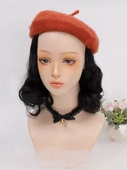 Кирпично-красный берет короткий кудрявый черный парик шляпа парик цельный 12inch