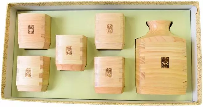 Kiso Crafts Made in Wooden Hinoki Square Stainless Steel Set of 6 Tokkuri, Япония, чашка,