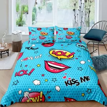 Kiss Duvet Cover Red Lips Bedding Set for Kids Teens Feminine Ultra Soft Lipstick Print Sexy Mouth Pattern Soft Comforter Cover US Queen(228x228cm)