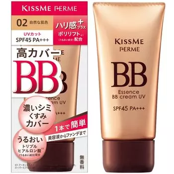 Kiss Me FERME Essence BB Cream UV 02 Natural Skin Tone 30 г Увлажнение Упругость с 1 флаконом Высокая кроющая способность SPF45 и PA+++