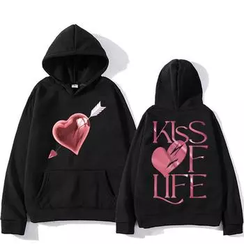 Kiss of Life Midas Touch Hooded Graphic Printed Hip Hop Aesthetic Sweatshirts Back Printed Punk Clothing I Love You Pullovers XS чёрный