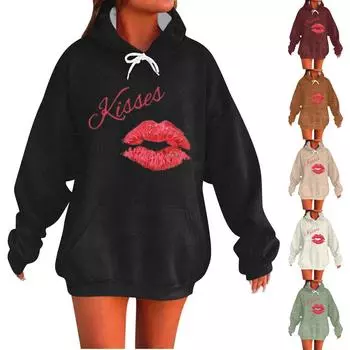 KISSES Женская мода Повседневный свитер с длинными рукавами и капюшоном с принтом ко Дню святого Валентина L бежевый