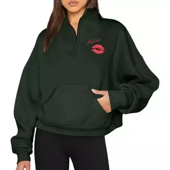 KISSES Женская повседневная свободная толстовка с длинным рукавом и принтом ко Дню святого Валентина на молнии с капюшоном L армия зеленый
