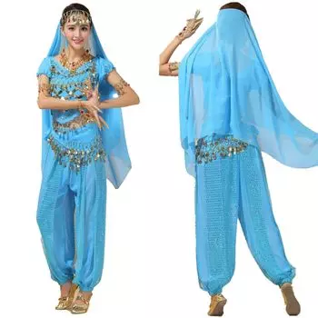 KISSOS Aladdin Косплей Костюм для танца живота Костюм Маскировка Хэллоуин Вечеринка Развлечение Комплект из 4 предметов (Светло-синий) светло-синий