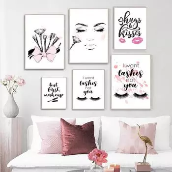 Кисть для ресниц Холст Плакат Мода Цитата Печать Живопись Губы Макияж Леди Лицо Духи Настенное искусство Современная картина Декор для комнаты для девочек A4 21x30cm No Frame