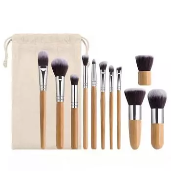 Кисть для тонального крема, кисть для рассыпчатой пудры, кисть для теней, 11 бамбуковых ручек, льняной мешочек, набор кистей для макияжа, косметические инструменты, кисти для макияжа.