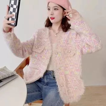 Кисточка маленькая ароматная ветер V-образный вырез шерстяной жакет женский весна-осень 2024 новый вязаный кардиган норка бархатный топ модный S светло-фиолетовый
