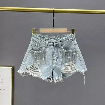 Кисточка Высокая талия Европейские товары Алмазное отверстие Джинсовые шорты Light Blue S
