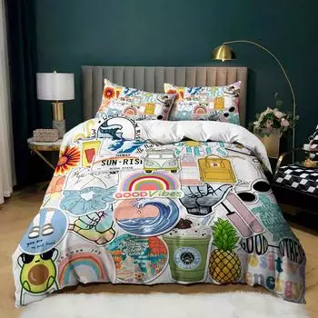 Kit 3D Digital Printing Illustration Sticker Bed Three-Piece Quilt Cover Pillowcase 135 * 200 (two-piece set) 90g