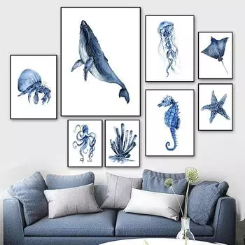 Кит Дельфин Краб Рыба Осьминог Морской конек Коралловый океан Плакаты и принты Холст Картина Настенные художественные фотографии Детская комната Домашний декор 21X30cm No Frame