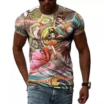 Китай Дуньхуан настенное искусство 3D Harajuku принт мужская и женская летняя футболка с короткими рукавами и круглым вырезом литературная мода топ L