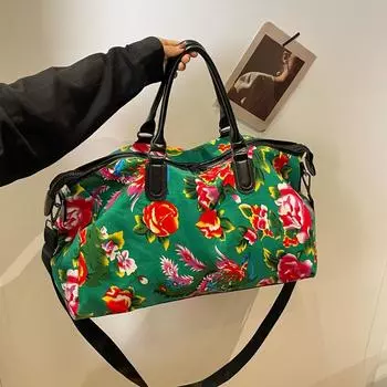 Китайская этническая дорожная сумка большой емкости. Универсальная контрастная цветная спортивная сумка для фитнеса. Персонализированная северо-восточная хлопковая сумка с большим цветком. Сумка через плечо. чёрный