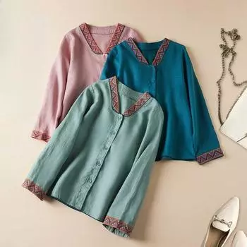 Китайская этническая вышитая ретро-рубашка с длинными рукавами, тонкая китайская рубашка XXL зелёный