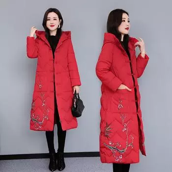 Китайская, европейская и американская одежда на пуху из хлопка, вышивка в этническом стиле, длинная выше колена, зимняя женская одежда в китайском стиле M [Recommended below 52.5kg] красный