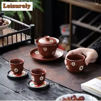 Китайская фиолетовая глиняная чаша Санцай с крышкой, маленькая ромашка, чашка для заваривания чая Цзыша, дегустационная чайная утварь, 1 чайник, 3 чашки, чайный сервиз в стиле кунг-фу, чайная церемония