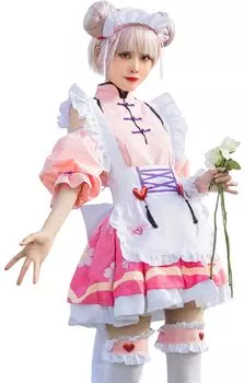 Китайская горничная Косплей Короткий рукав Чонсам Мини юбка Фартук Розовый [Lady Lazy] (L)