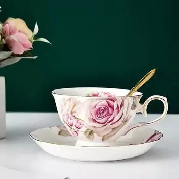 Китайская керамическая кофейная чашка, чайная чашка, дизайн ретро-печати, с тарелкой и ложкой для смешивания 1 cup+1 plate+1 spoon