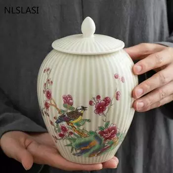 Китайская керамика, контейнер для чая с цветочным и птичьим узором, герметичный резервуар для хранения, дорожный чайный пакетик, кухонные контейнеры для специй, канистра для конфет A 12x17cm 900ml