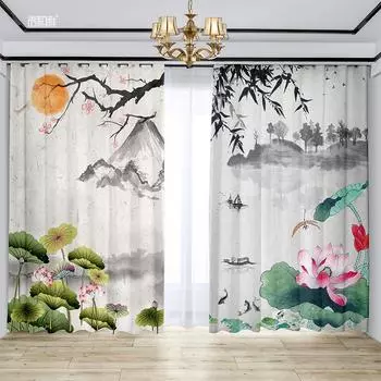 Китайская классическая тушью напечатанная штора полузатемняющая спальня гостиная окно от пола до потолка кухонные жалюзи 2 шт. 100W130H(CM)40x51in&rod pocket