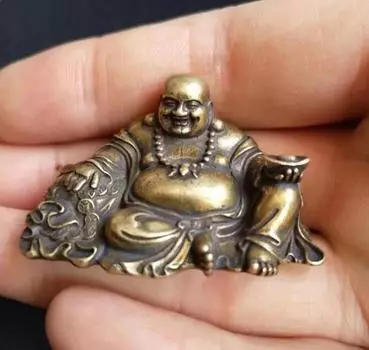 Китайская маленькая статуя Будды Майтреи из чистой латуни