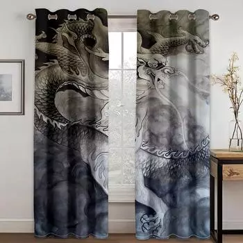 Китайская мифология дракон элемент занавеска гостиная балкон восточный тотем стиль слабое затенение украшение дома занавеска ткань W50xH130(CM)x2pcs&Hook красный