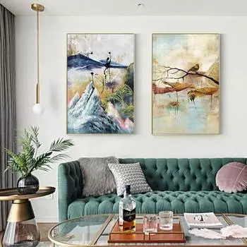 Китайская настенная картина, японская картина на холсте, синие горы, желтые постеры с птицами, принты, традиционное настенное искусство для декора гостиной 20x30cm no frame абрикосовый