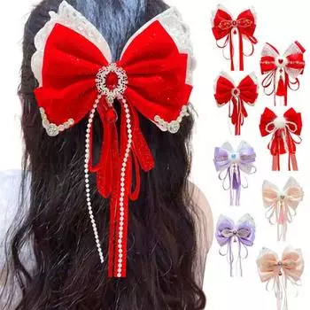 Китайская новогодняя заколка для волос с кружевными стразами, заколка для волос в стиле банта с кисточками
