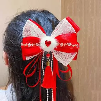 Китайская новогодняя заколка для волос с кружевными стразами, заколка для волос в стиле банта с кисточками, праздничный аксессуар для волос D