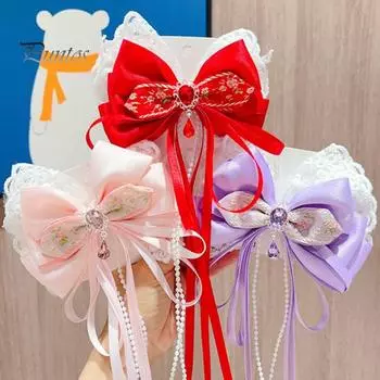 Китайская новогодняя заколка для волос с кружевными стразами, заколка для волос в стиле банта с кисточками, праздничный аксессуар для волос F