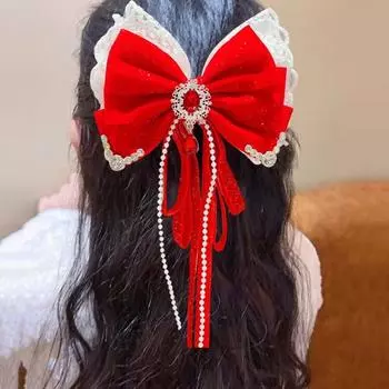 Китайская новогодняя заколка для волос с кружевными стразами, заколка для волос в виде банта с кисточками A